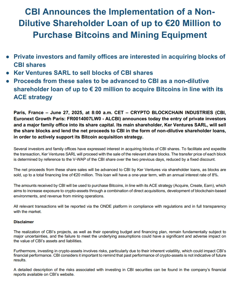 法国上市公司 CBI 筹集 2000 万欧元非稀释性贷款用于比特币及挖矿设备