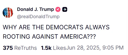 特朗普在Truth Social平台质疑民主党立场