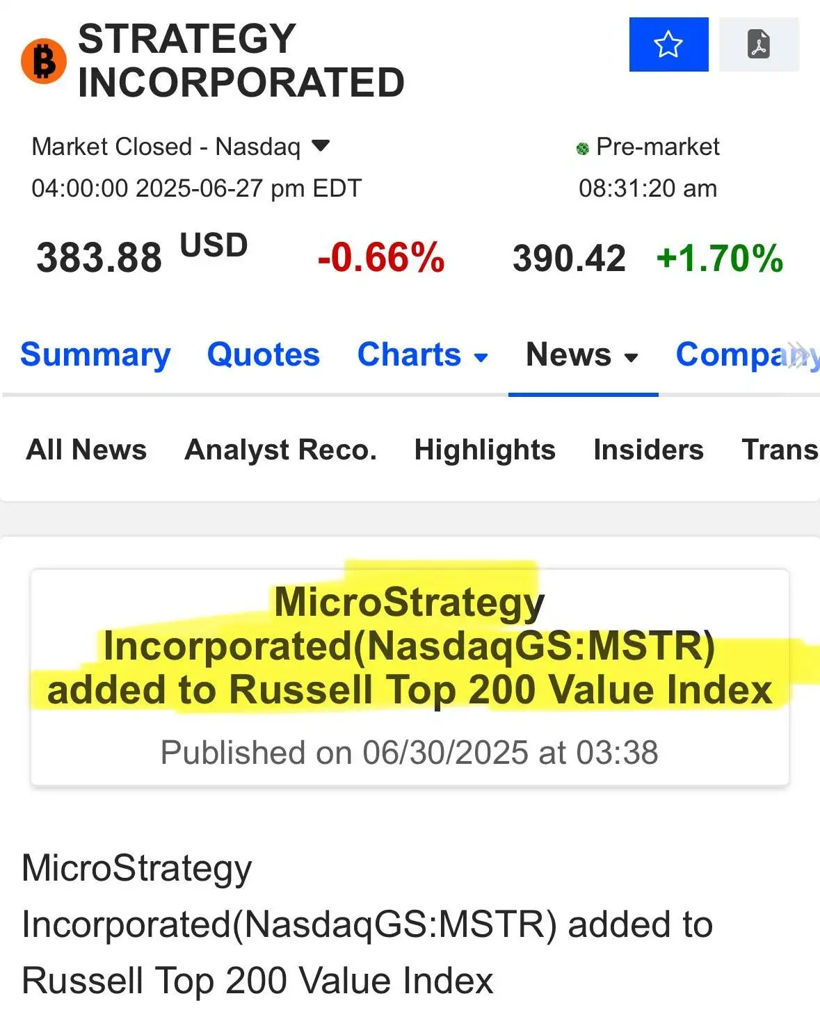 Strategy 被纳入罗素 200 强价值指数