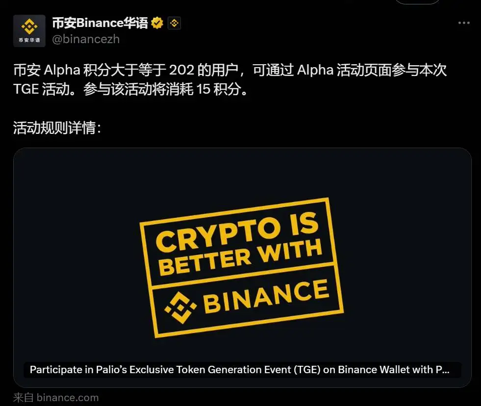 币安设定PAL TGE参与门槛：202 Alpha积分
