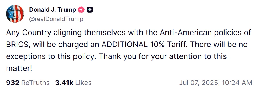 特朗普：与金砖国家反美政策一致国家将被征收10%额外关税