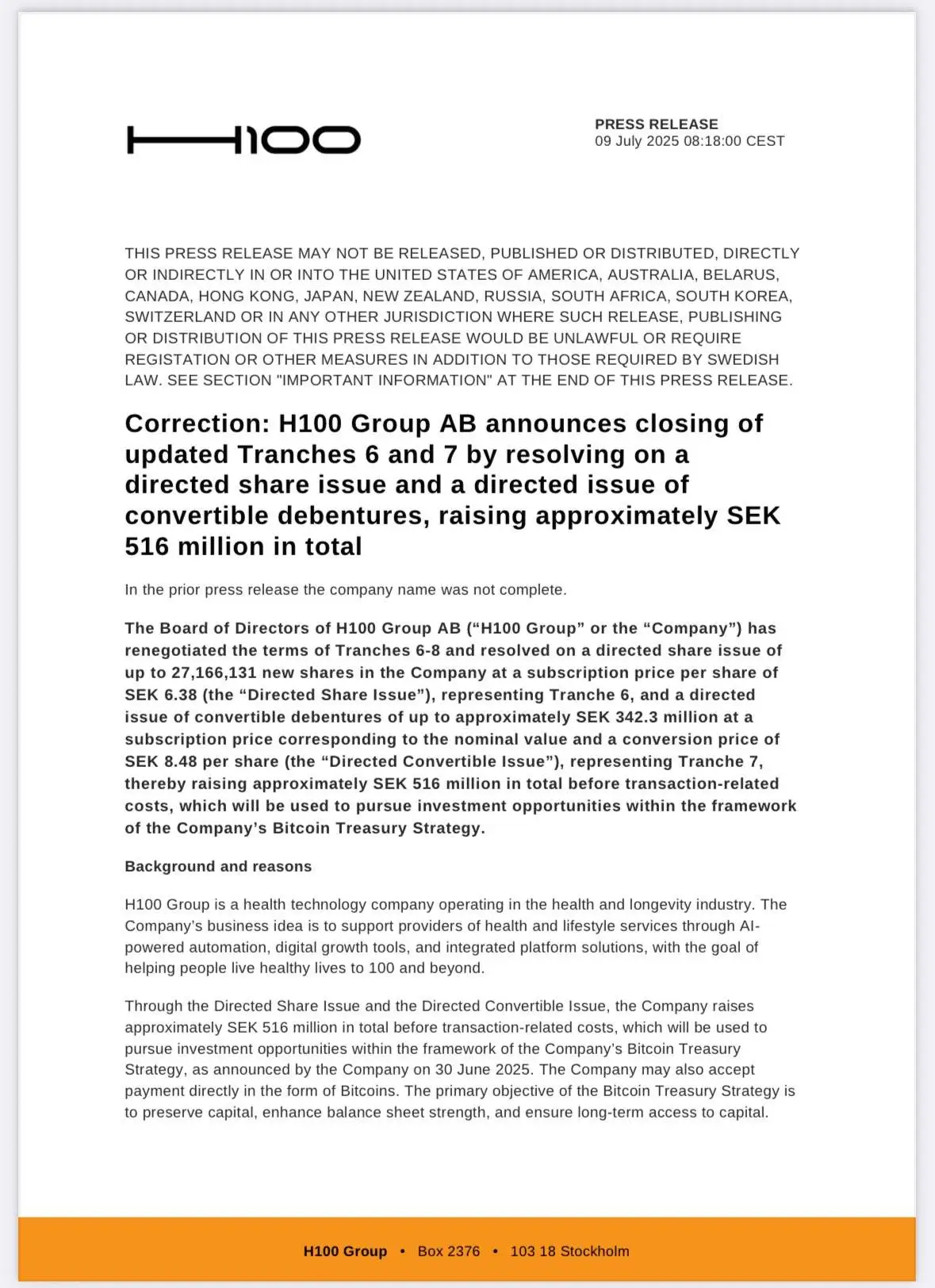 瑞典上市公司 H100 Group 完成 5400 万美元融资，拟用于比特币储备战略投资