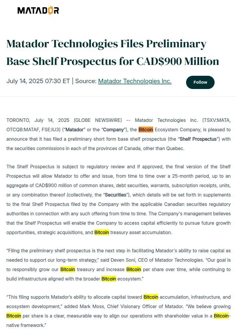 Matador Technologies提交9亿元融资计划用于比特币储备及基建