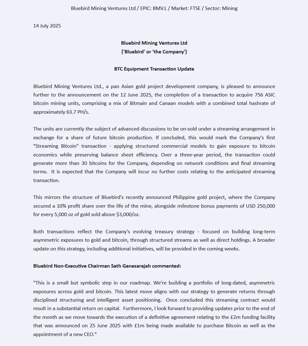 Bluebird Mining 完成采购 756 台 ASIC 矿机部署比特币挖矿