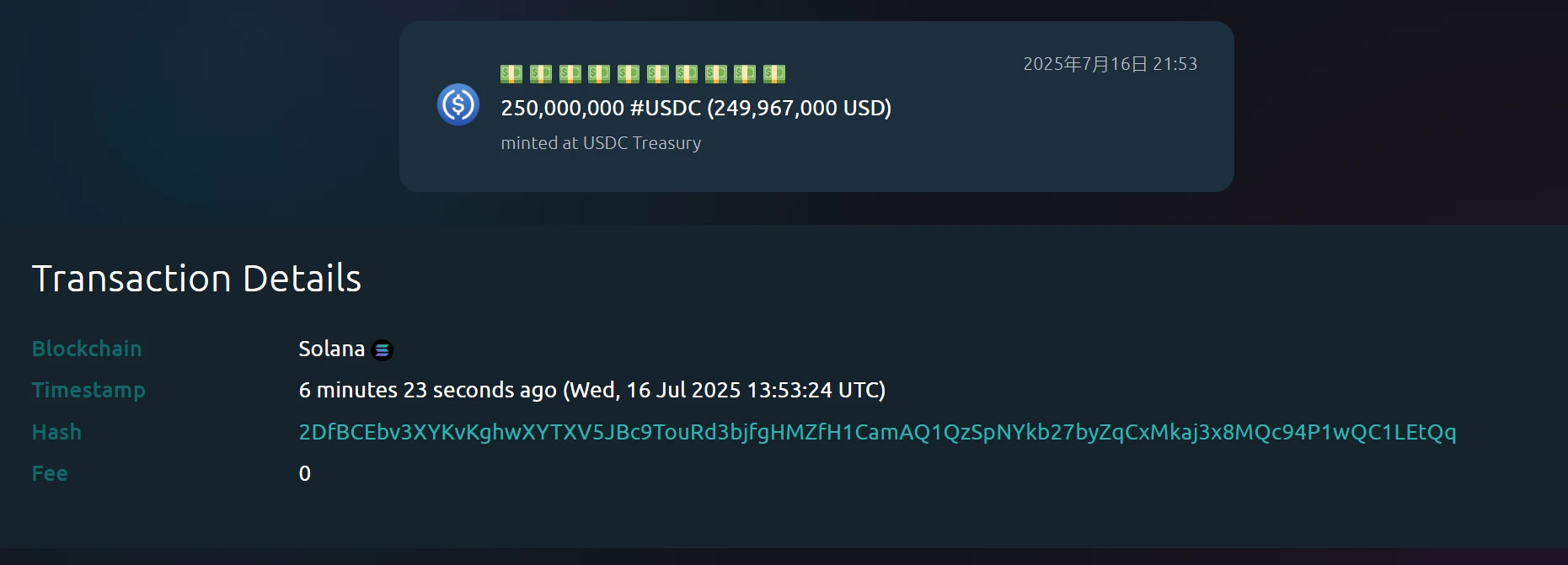7月16日，USDC Treasury在Solana链新增铸造2.5亿枚USDC
