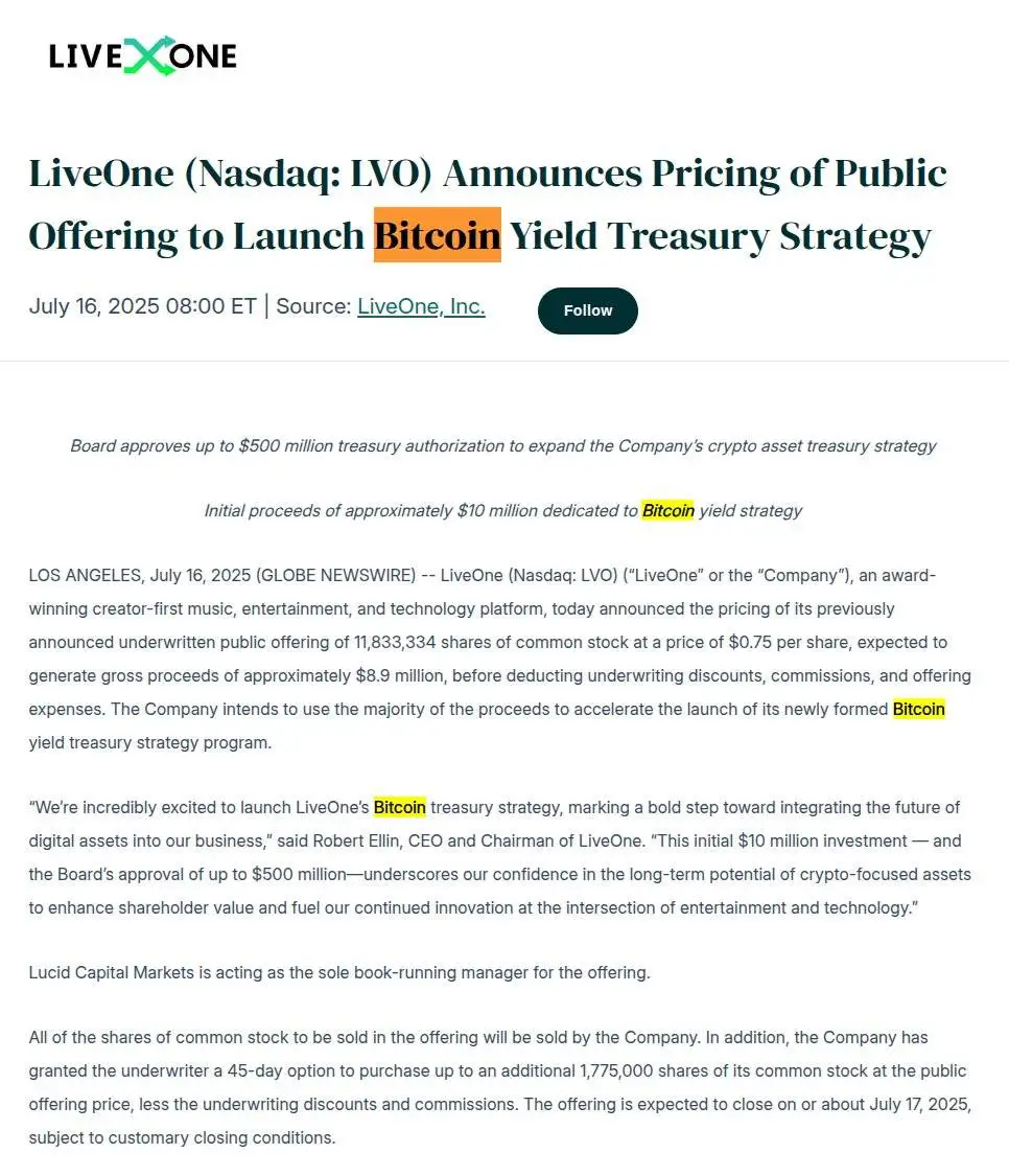 LiveOne启动比特币收益国库策略募资，拟发行1183.33万股普通股