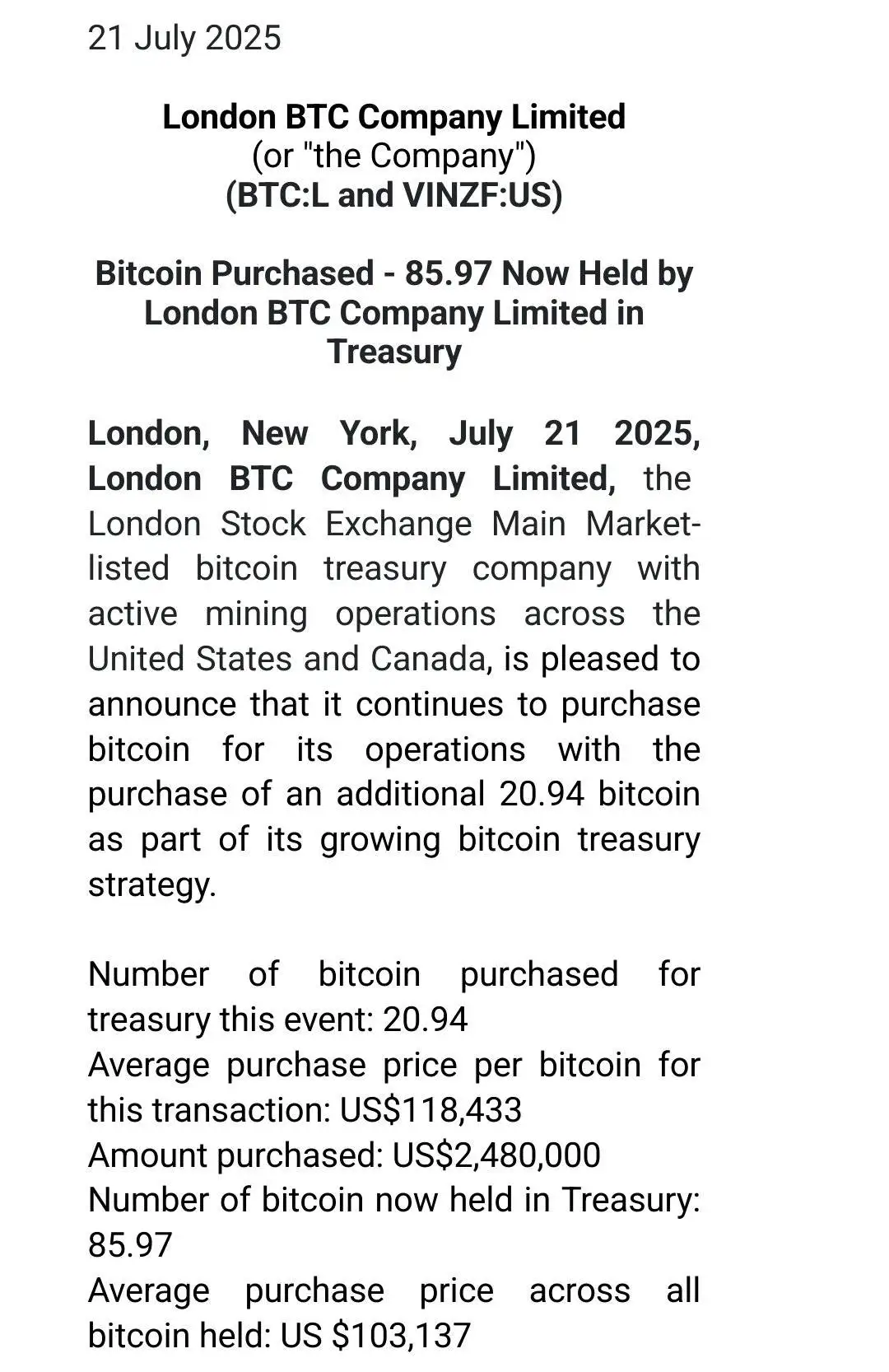 London BTC Company 增持 20.94 枚 BTC，总持仓达 85.97 枚
