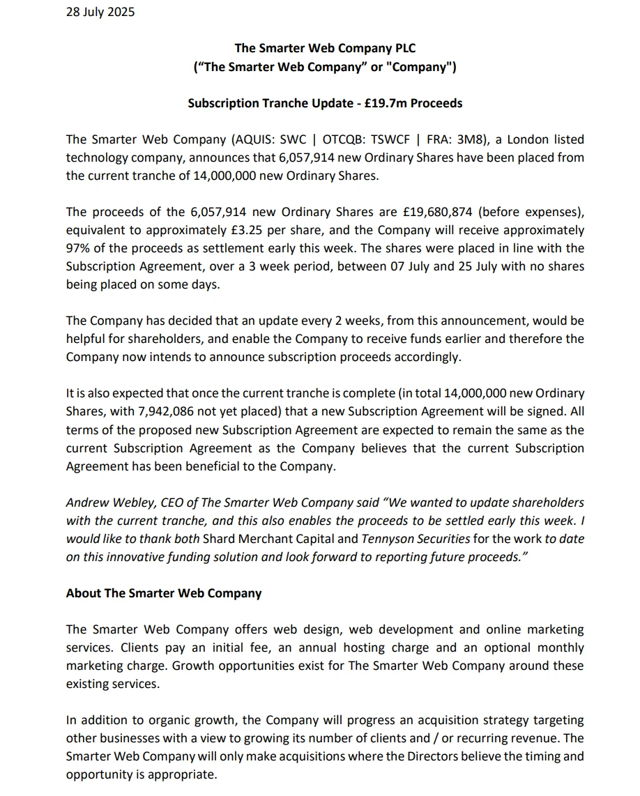 The Smarter Web Company完成605万英镑新普通股配售