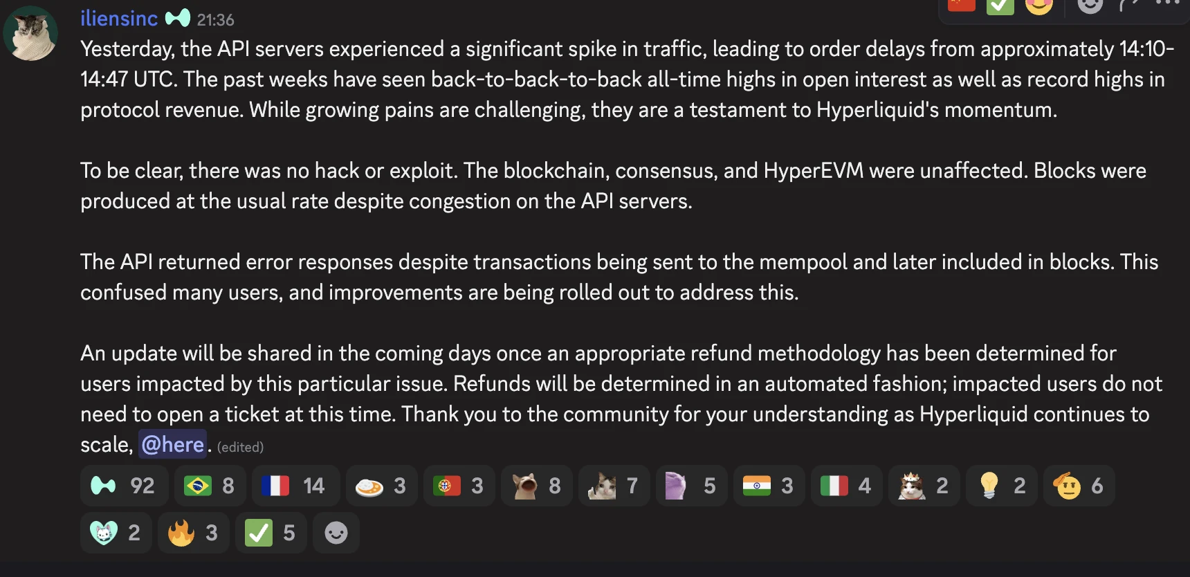Hyperliquid API服务器遭遇流量高峰致订单延迟，承诺自动化补偿