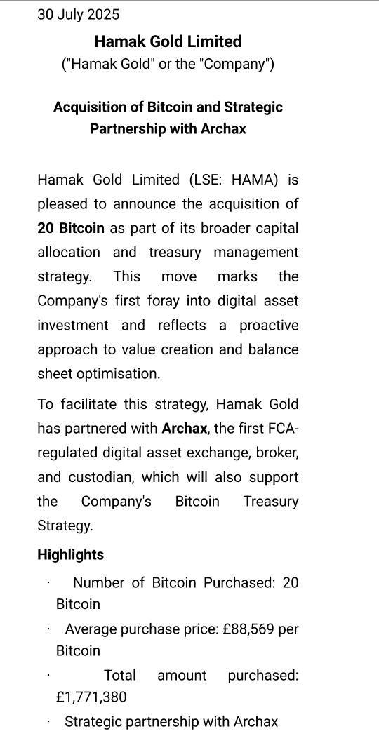 英国上市公司Hamak Gold Limited完成首笔20枚比特币采购