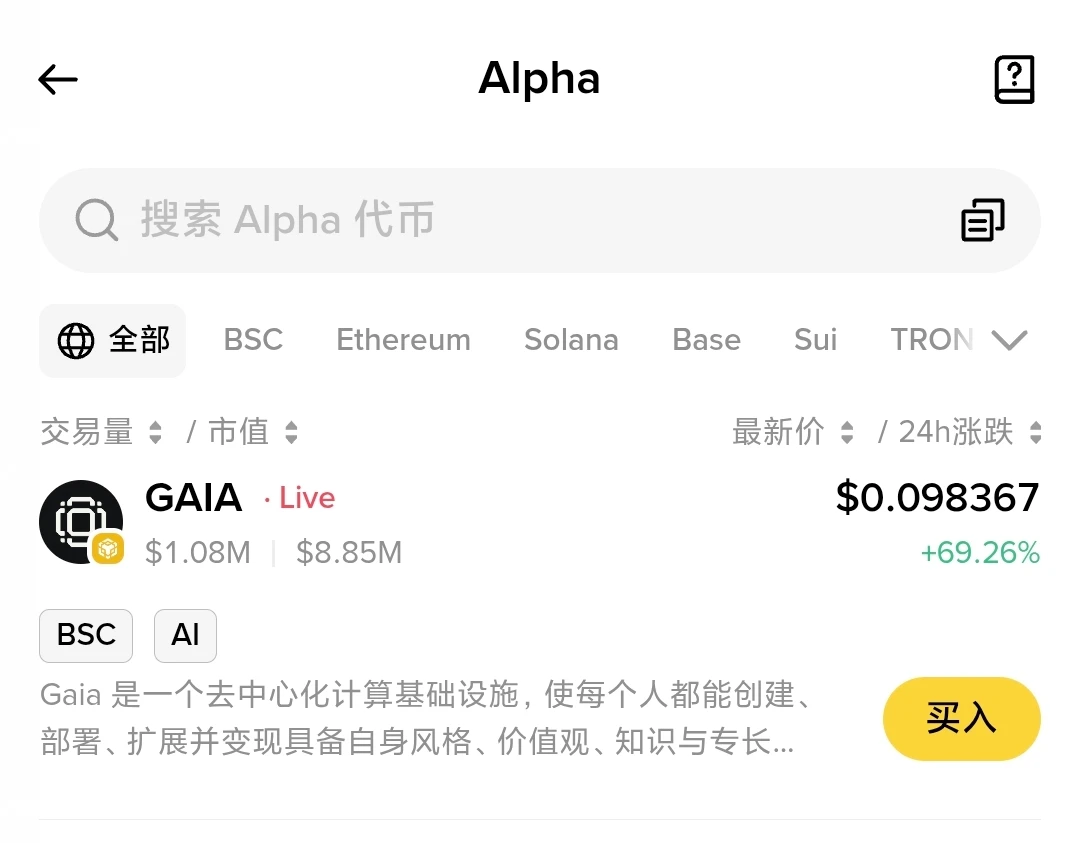 Binance Alpha平台上线GAIA代币交易对