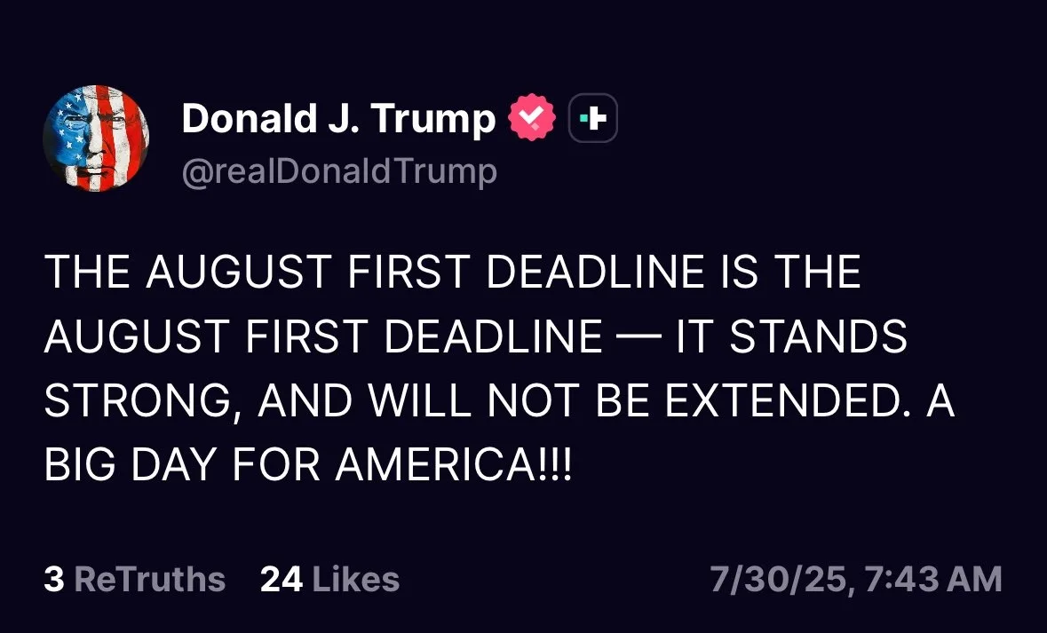 特朗普确认8月1日关税最后期限维持不变