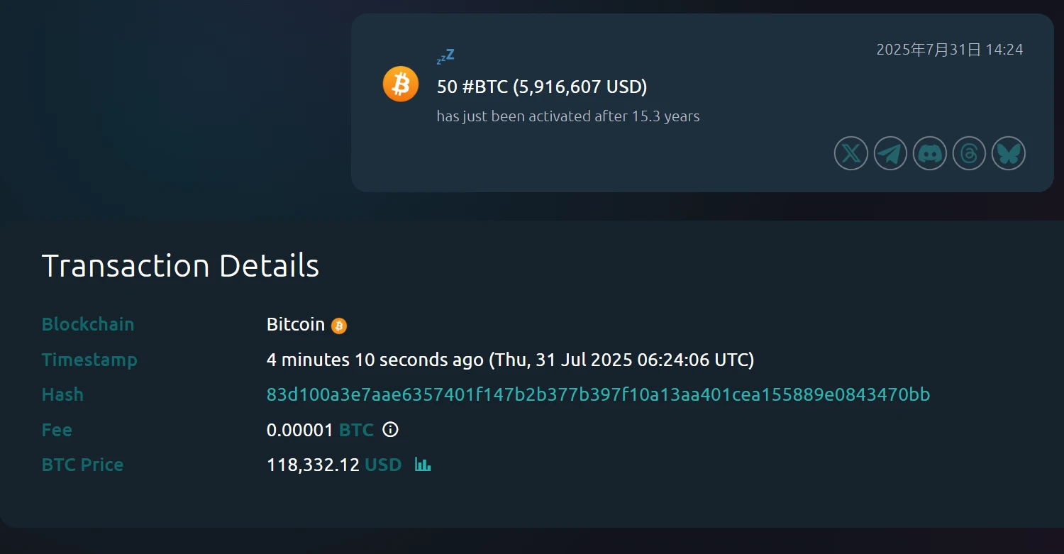 沉睡15.3年比特币钱包地址被激活，Whale Alert监测揭示50枚BTC流动