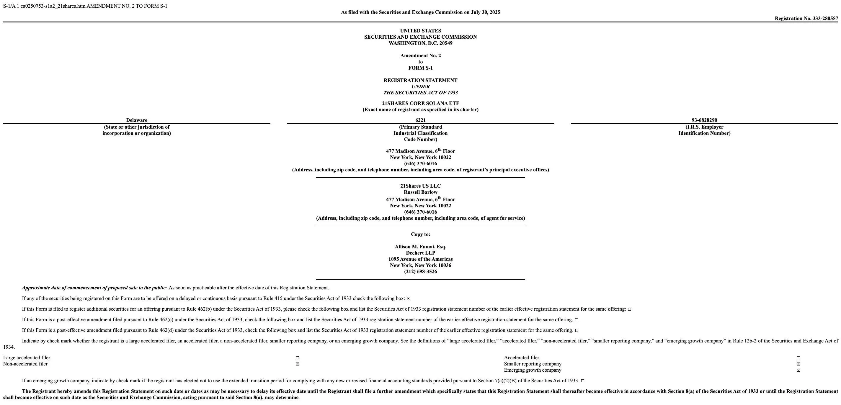 21Shares提交Solana ETF S-1修订文件至SEC