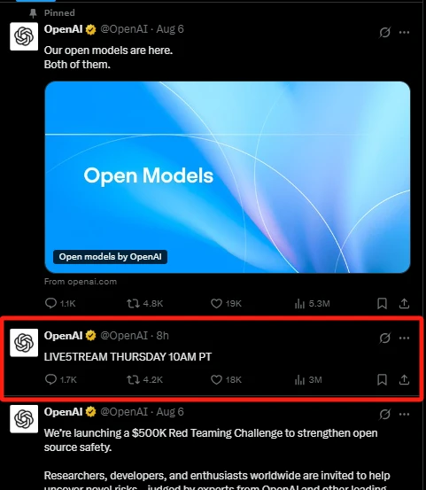 OpenAI宣布8月8日直播活动 或暗示GPT-5模型发布
