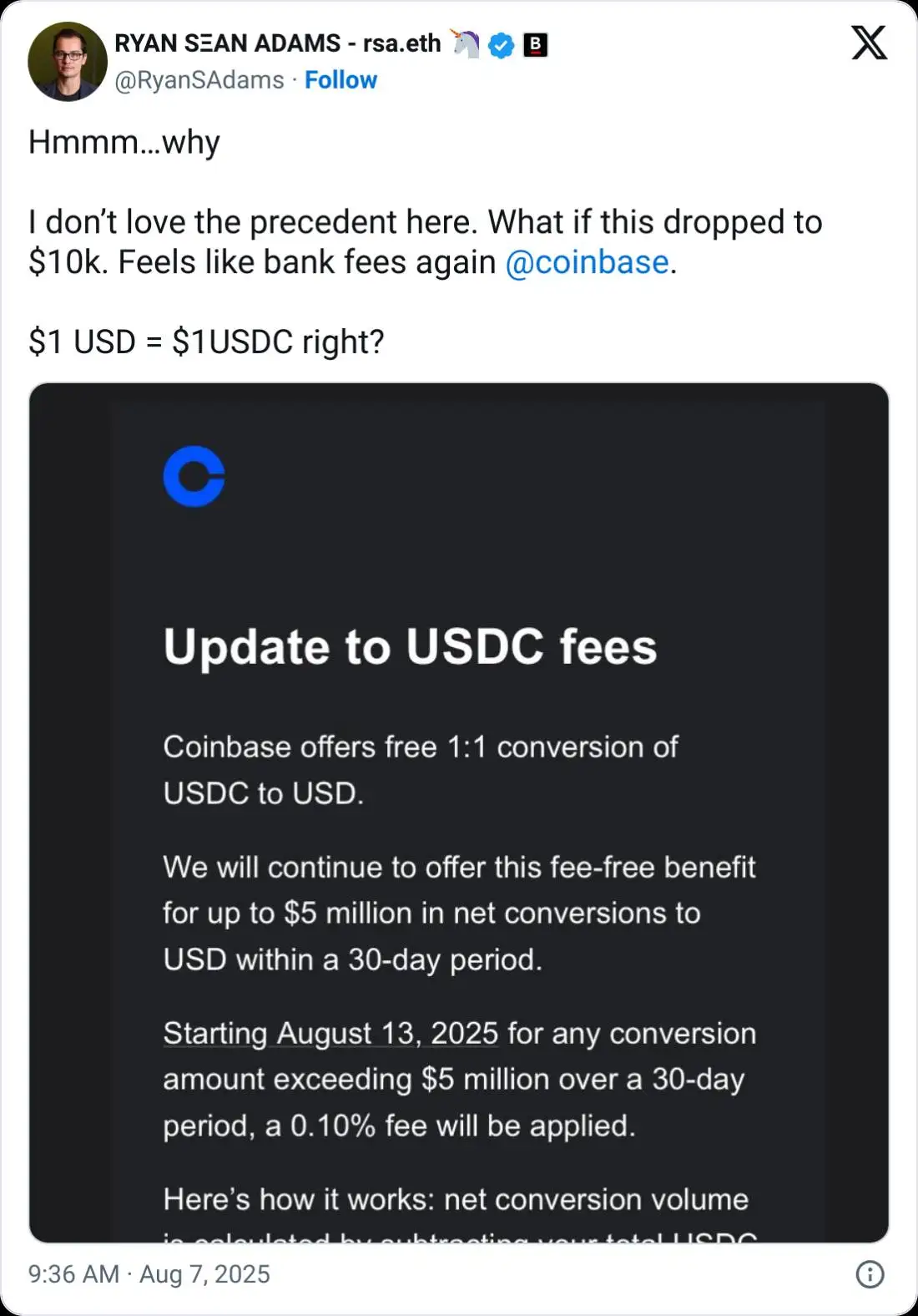 Coinbase对大额USDC兑换美元交易收取0.1%手续费