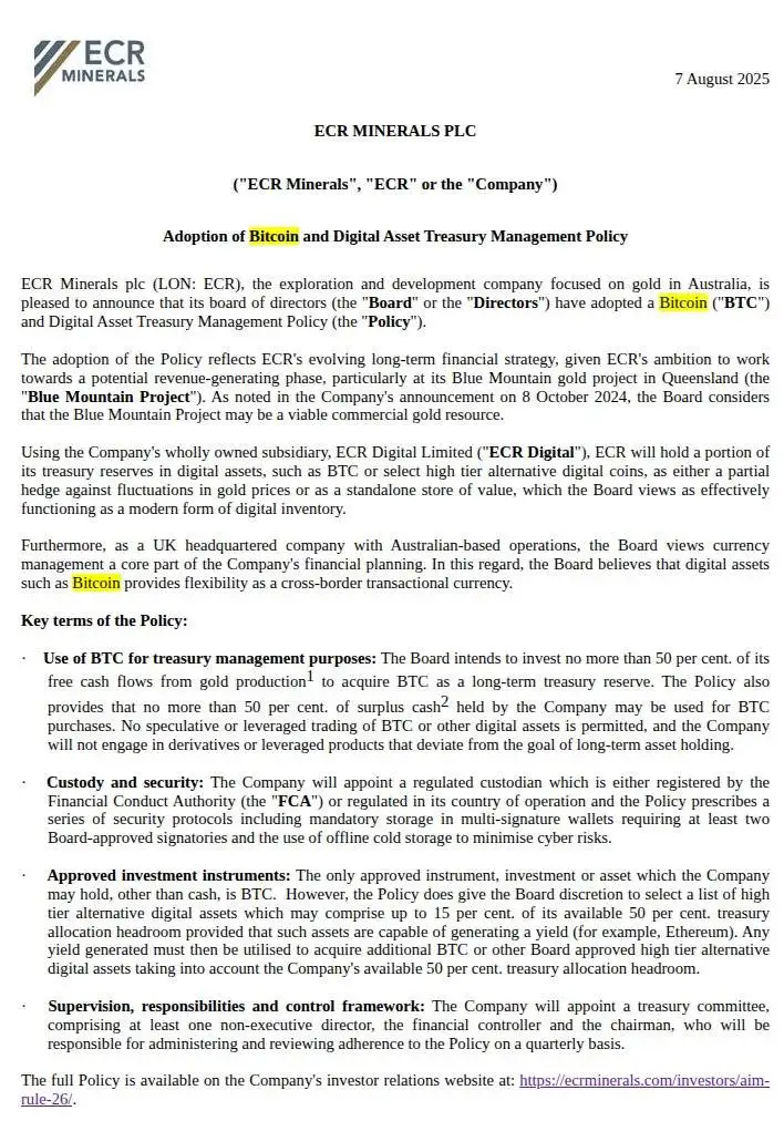 英国上市公司ECR Minerals批准数字资产投资政策