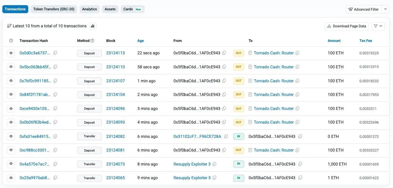 PeckShield通报ResupplyFi Exploiter 3地址转移430万美元ETH进行资金清洗
