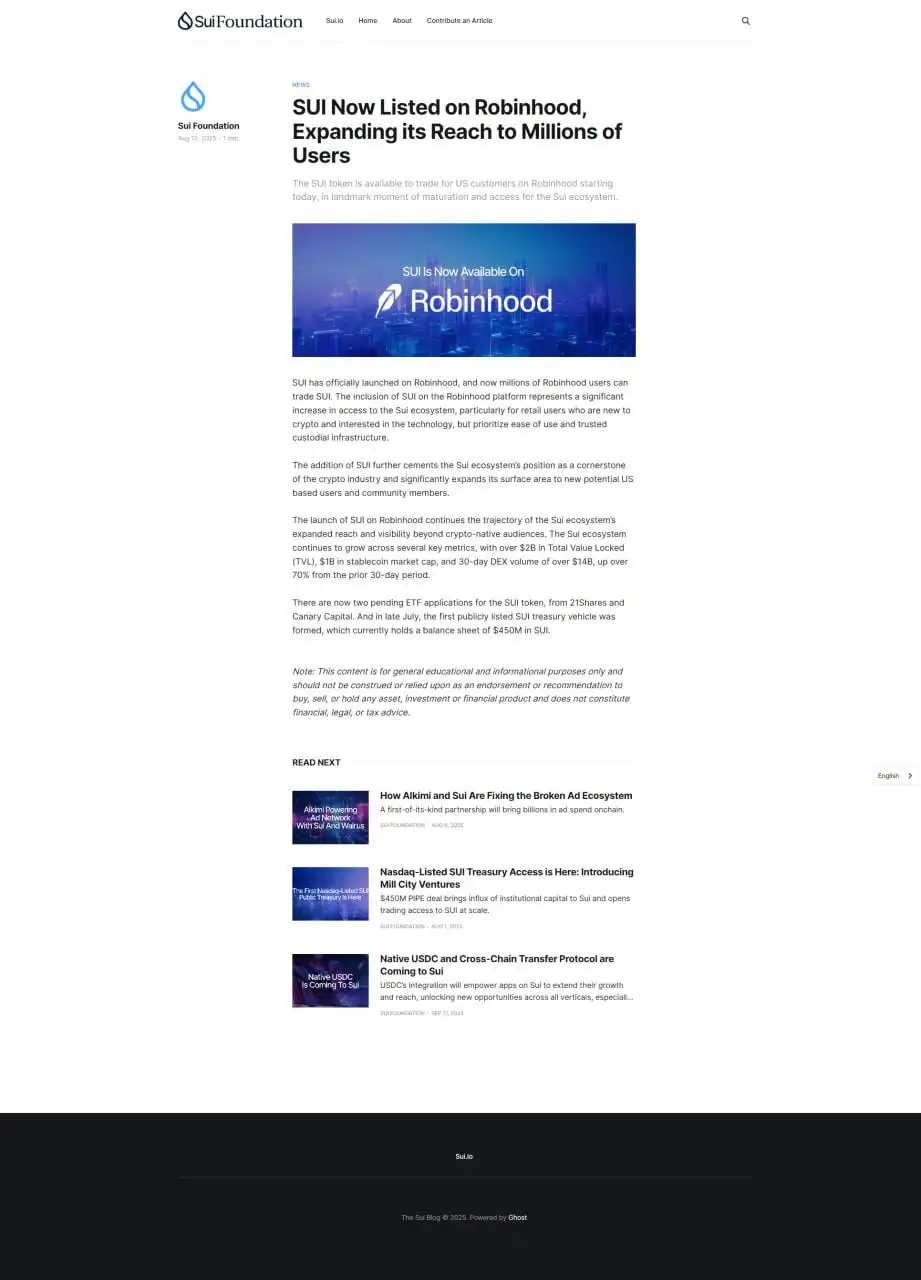 SUI官方博客误发代币上线Robinhood公告事件