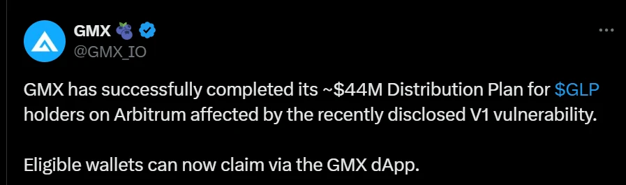 GMX完成4400万美元补偿计划，Arbitrum GLP流动性提供者可申领GLV代币