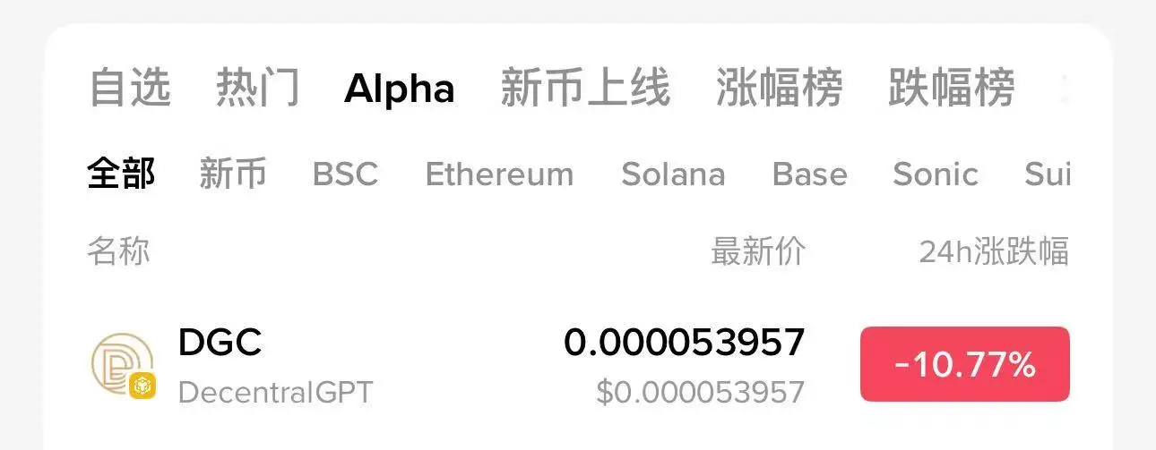 币安Alpha上线DecentralGPT（DGC）代币