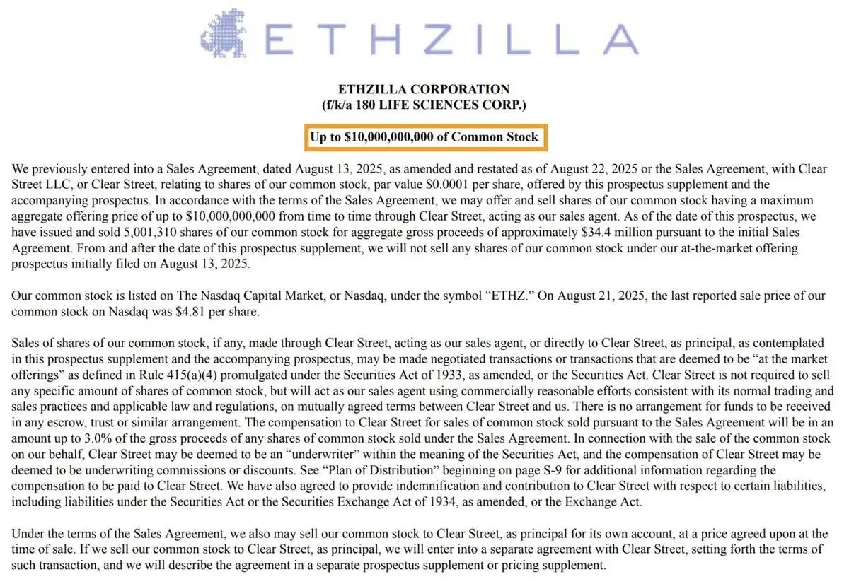 ETHZilla修订证券销售协议最高募资10亿美元用于增持ETH