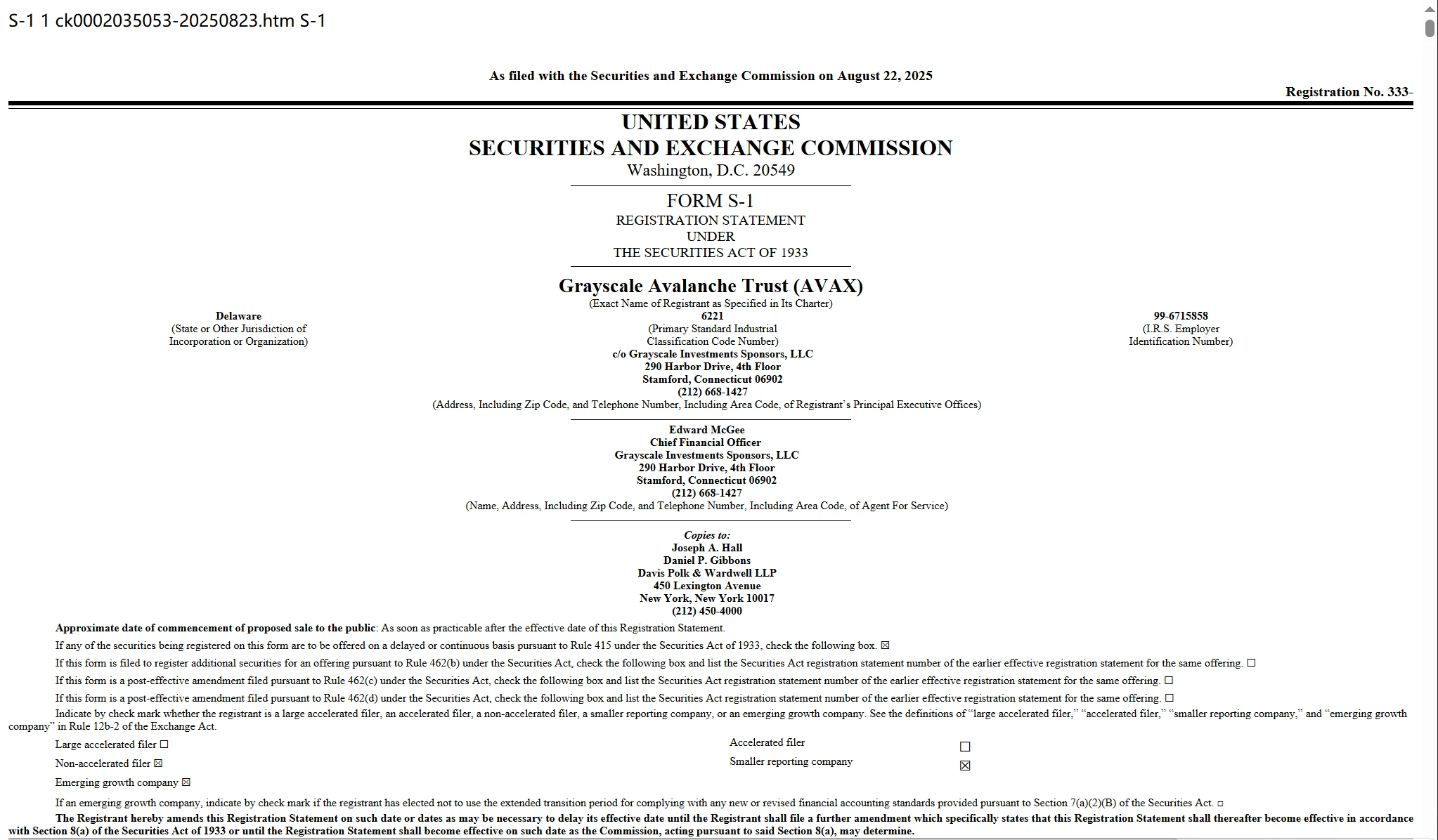 Grayscale向SEC提交Avalanche ETF S-1注册申请