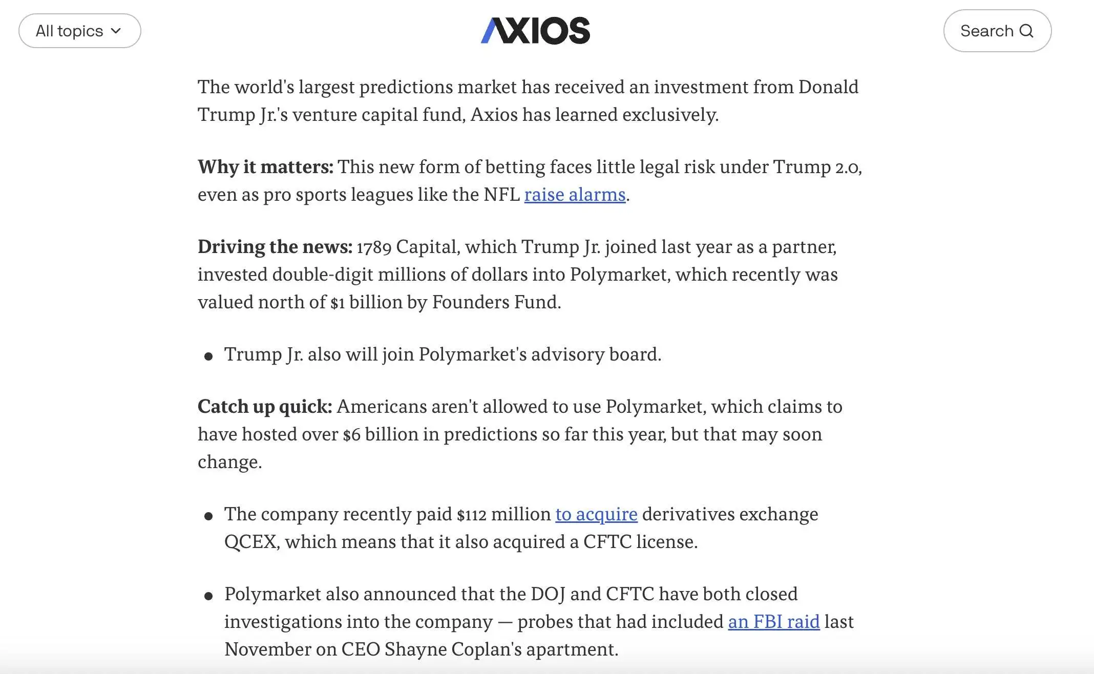 特朗普长子Donald Trump Jr.向Polymarket投资数千万美元