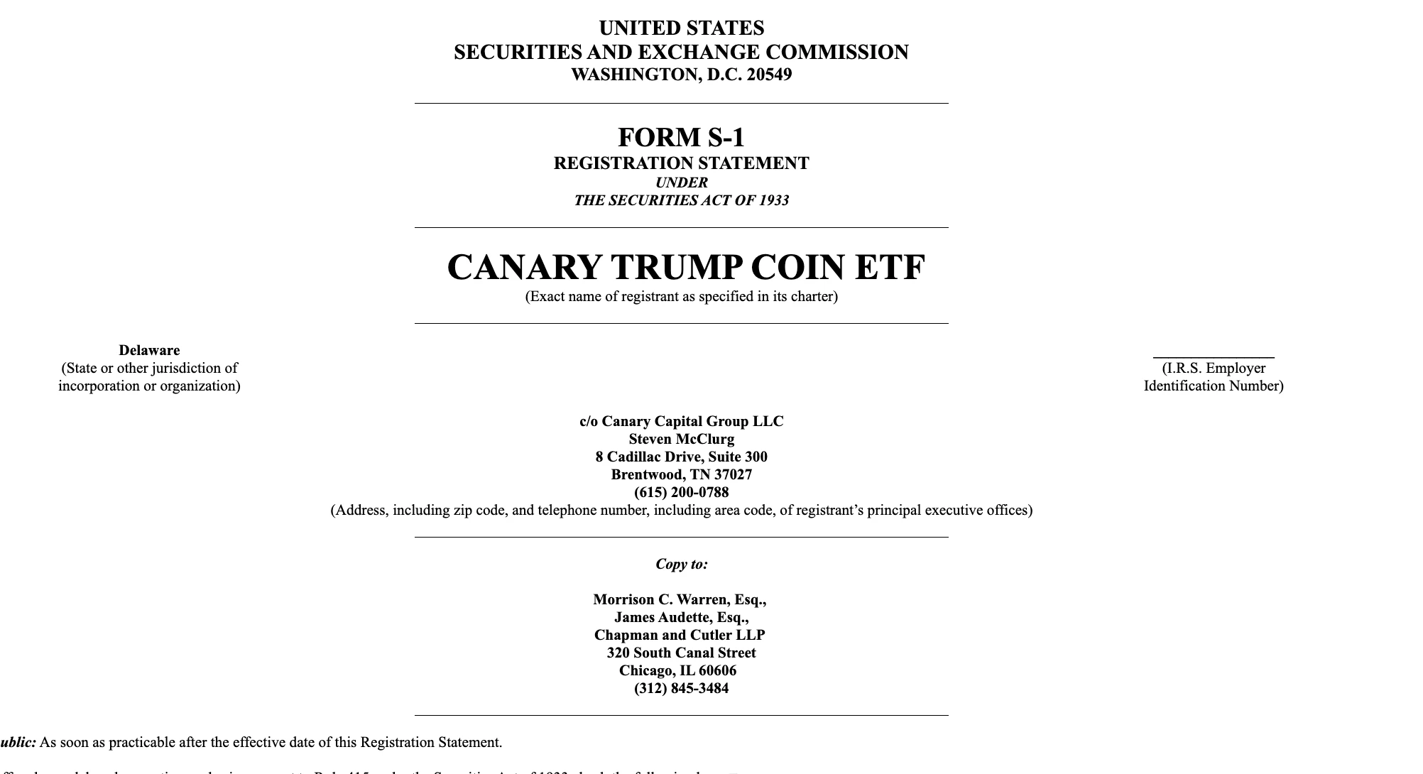 Canary Capital提交TRUMP ETF发行计划文件