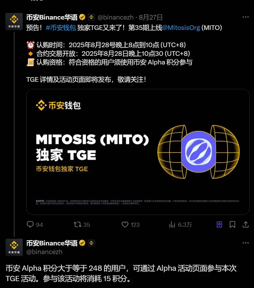 币安推出MITO代币TGE活动，积分门槛248