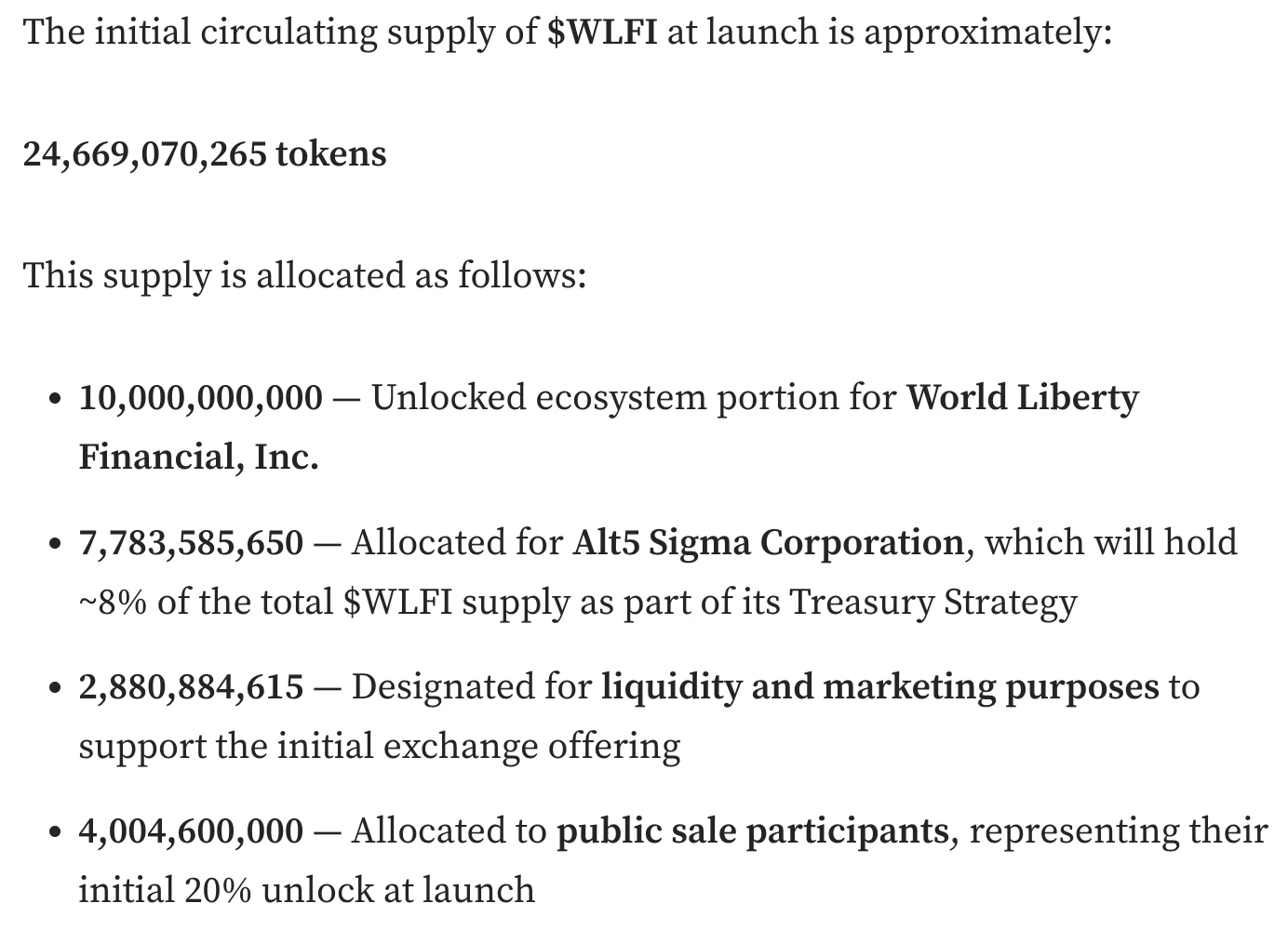 World Liberty Financial公布代币发行计划及分配方案