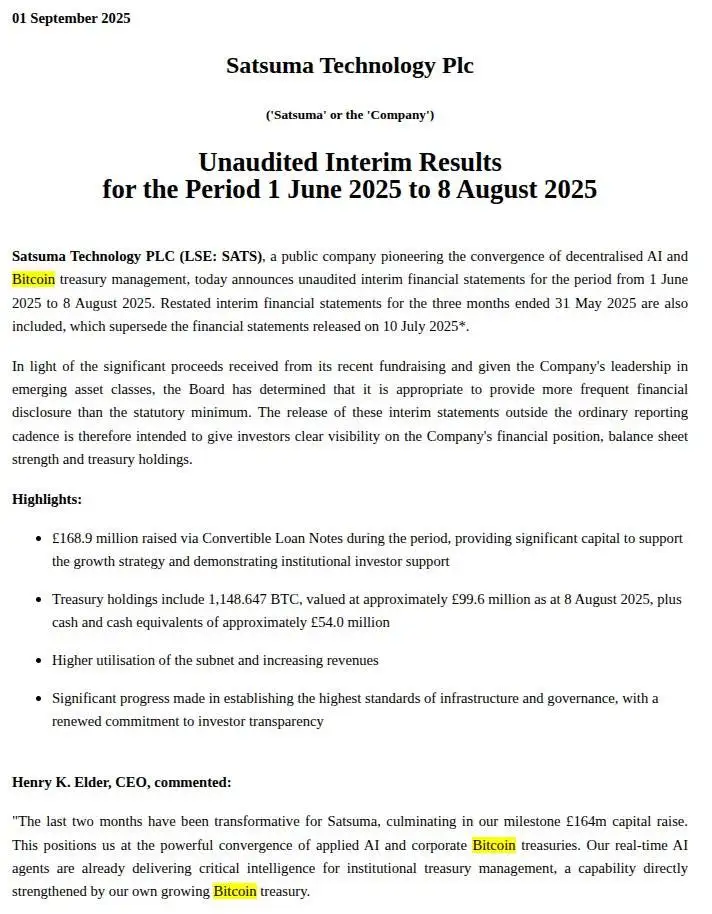 英国上市公司Satsuma Technology增持22.65枚BTC，总持有量达1,148.65枚