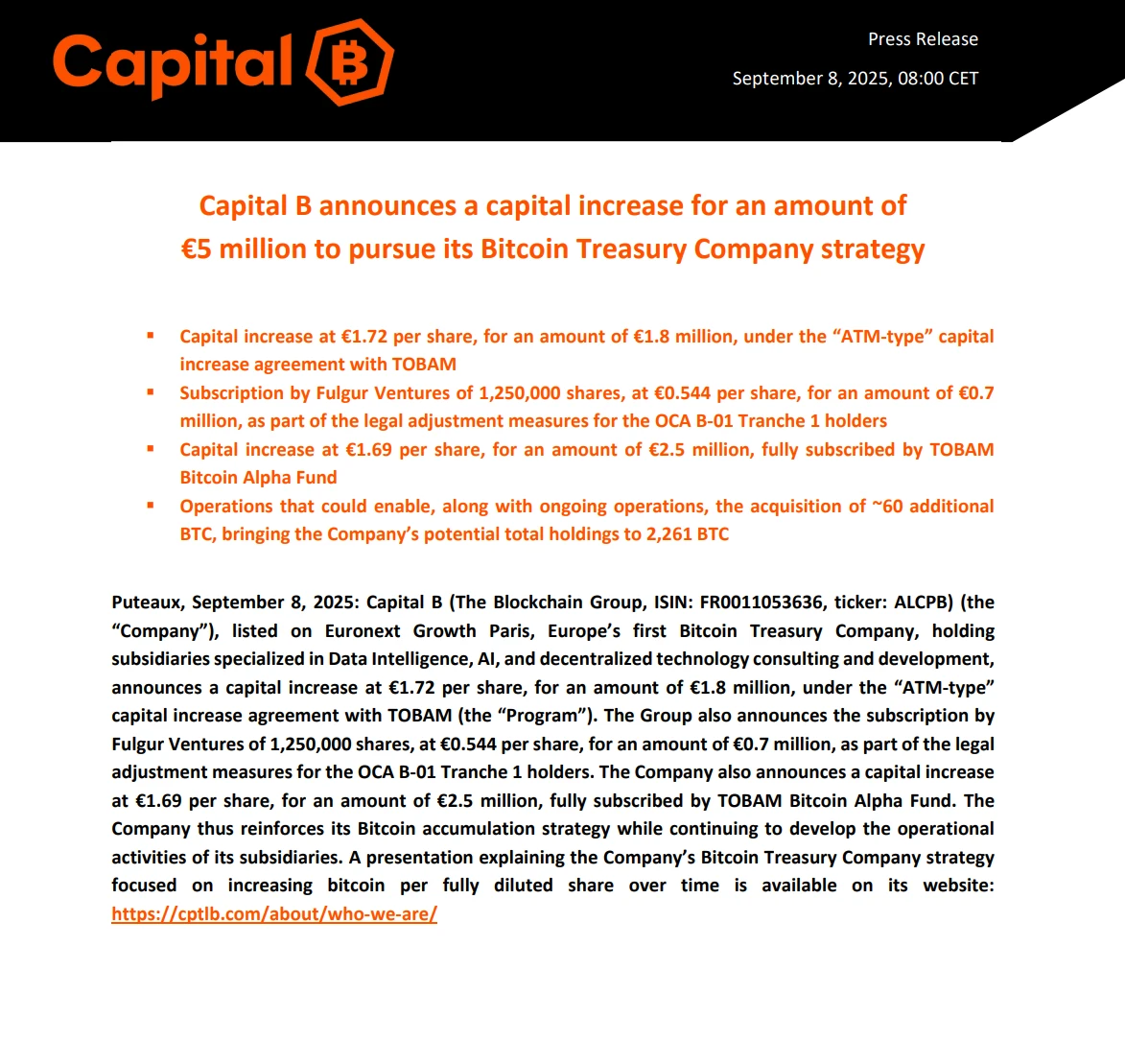 法国上市公司Capital B完成580万美元融资 用于增持60枚比特币