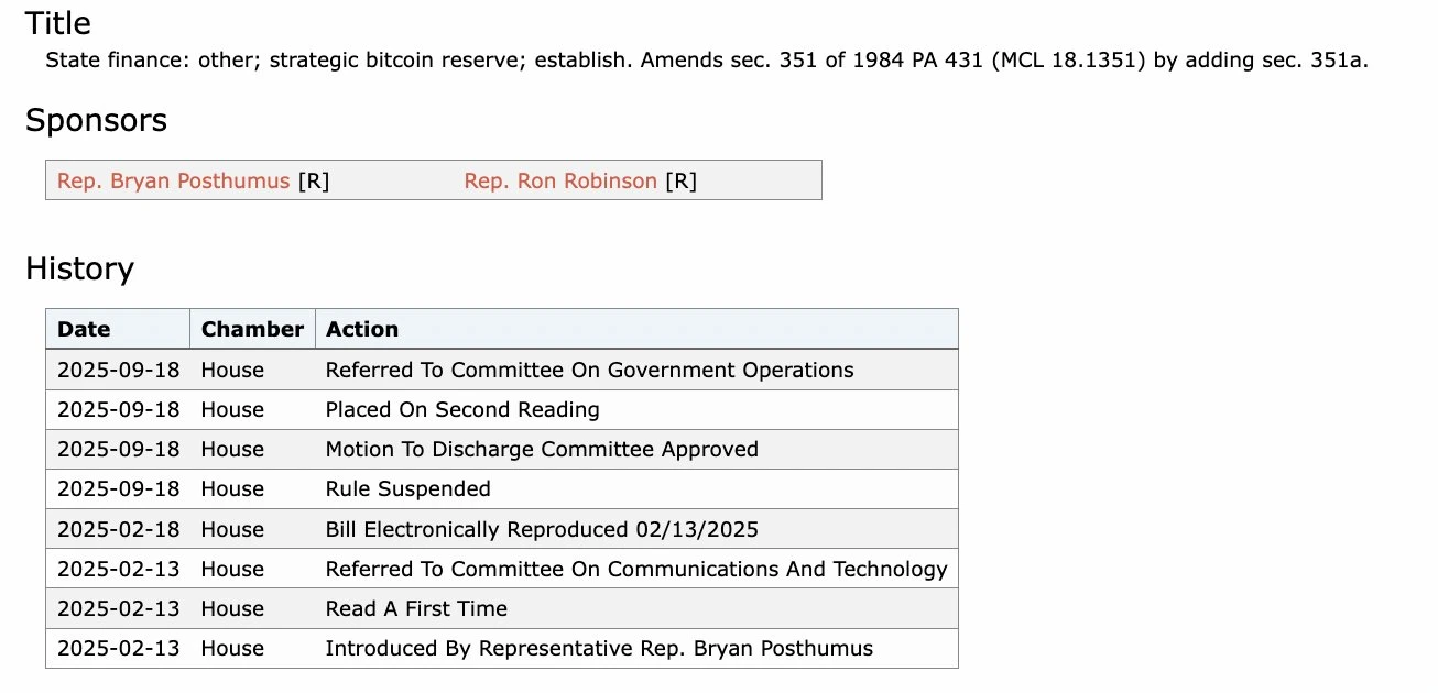 密歇根州比特币储备法案HB 4087进入众议院二读阶段